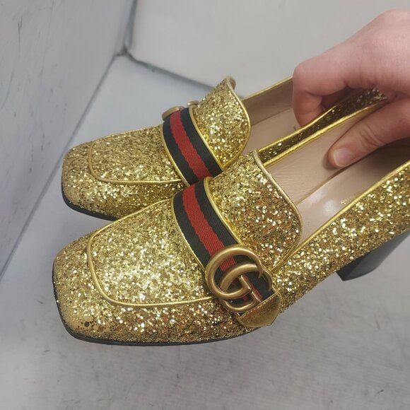 GUCCI GOLD SEQUIN GG PEYTON WEB HEEL SHOE - Picture 4 of 11